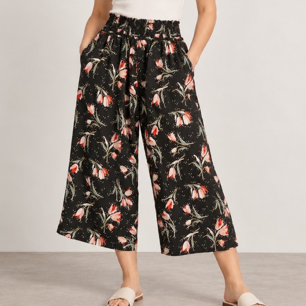 Rebecca Taylor Black Tulip Floral Silk Smocked Culottes Wide Leg Pants L
